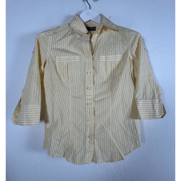 Club Monaco Womens Yellow White Striped Button-Down Shirt Size Small 3/4 Sleeve - Picture 1 of 8